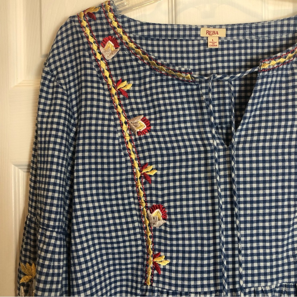 Reba Boho Gingham Top with Tassels and Embroidery Size L - Picture 4 of 10
